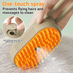 Dog grooming brush with orange bristles and text explaining its features on a light green background.