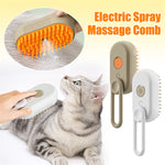Electric spray massage comb for pets shown in multiple colors (beige, white, and taupe) with orange bristles, featuring a close-up of the massage head, a cat being brushed, and a hand demonstrating use. The text 'Electric Spray Massage Comb' is displayed in orange at the top right.