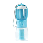 All-in-one dog walking bottle with water, food, and waste-bag storage